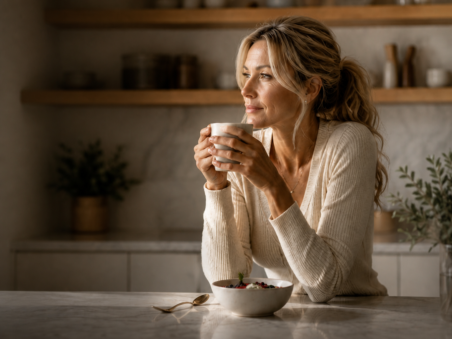 Woman enjoying coffee at a kitchen counter